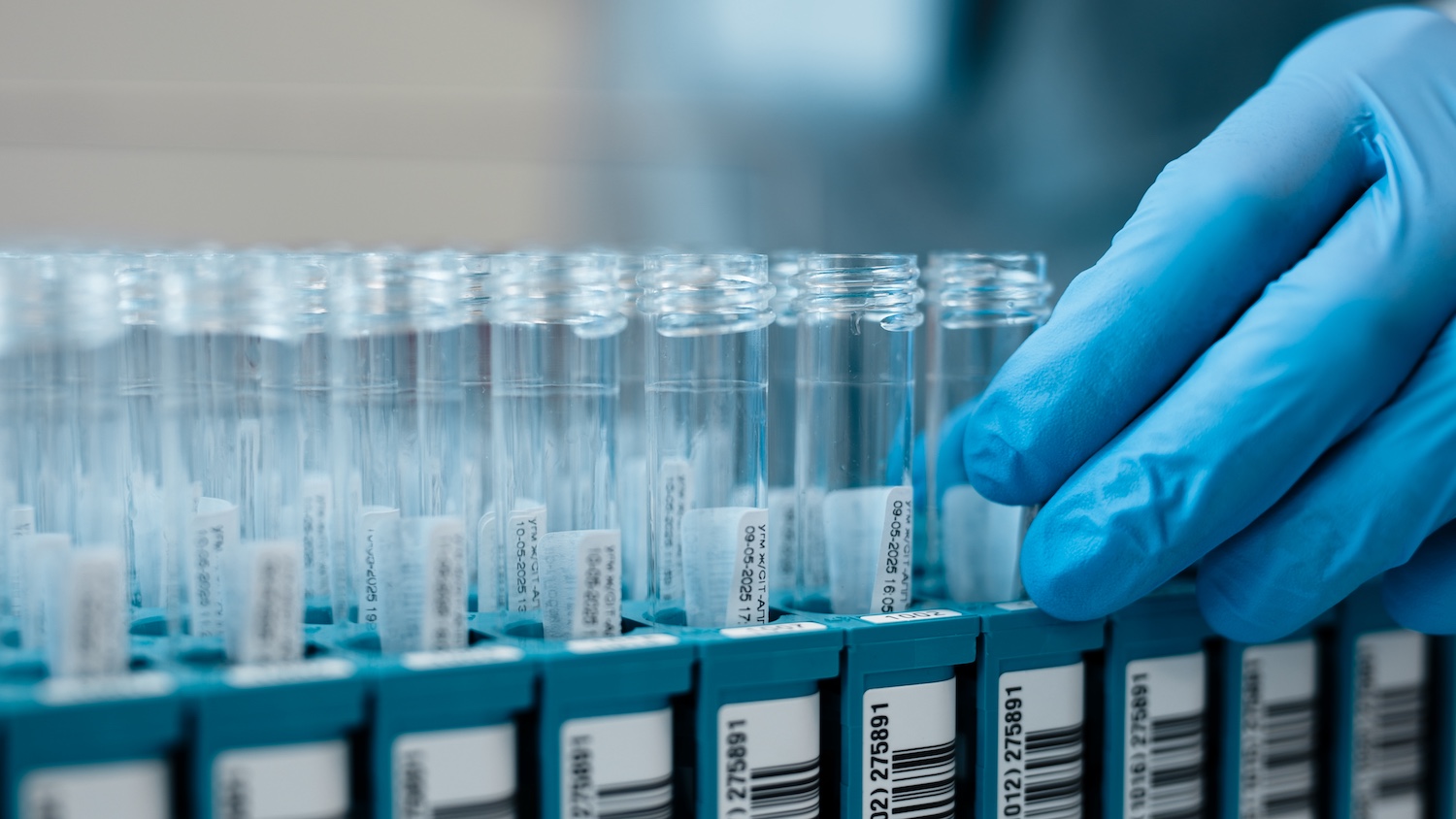 Laboratory technician wearing blue gloves handling test tubes in a laboratory setting, with organized racks and clear labels visible in the background Biofilms Beyond Healthcare event