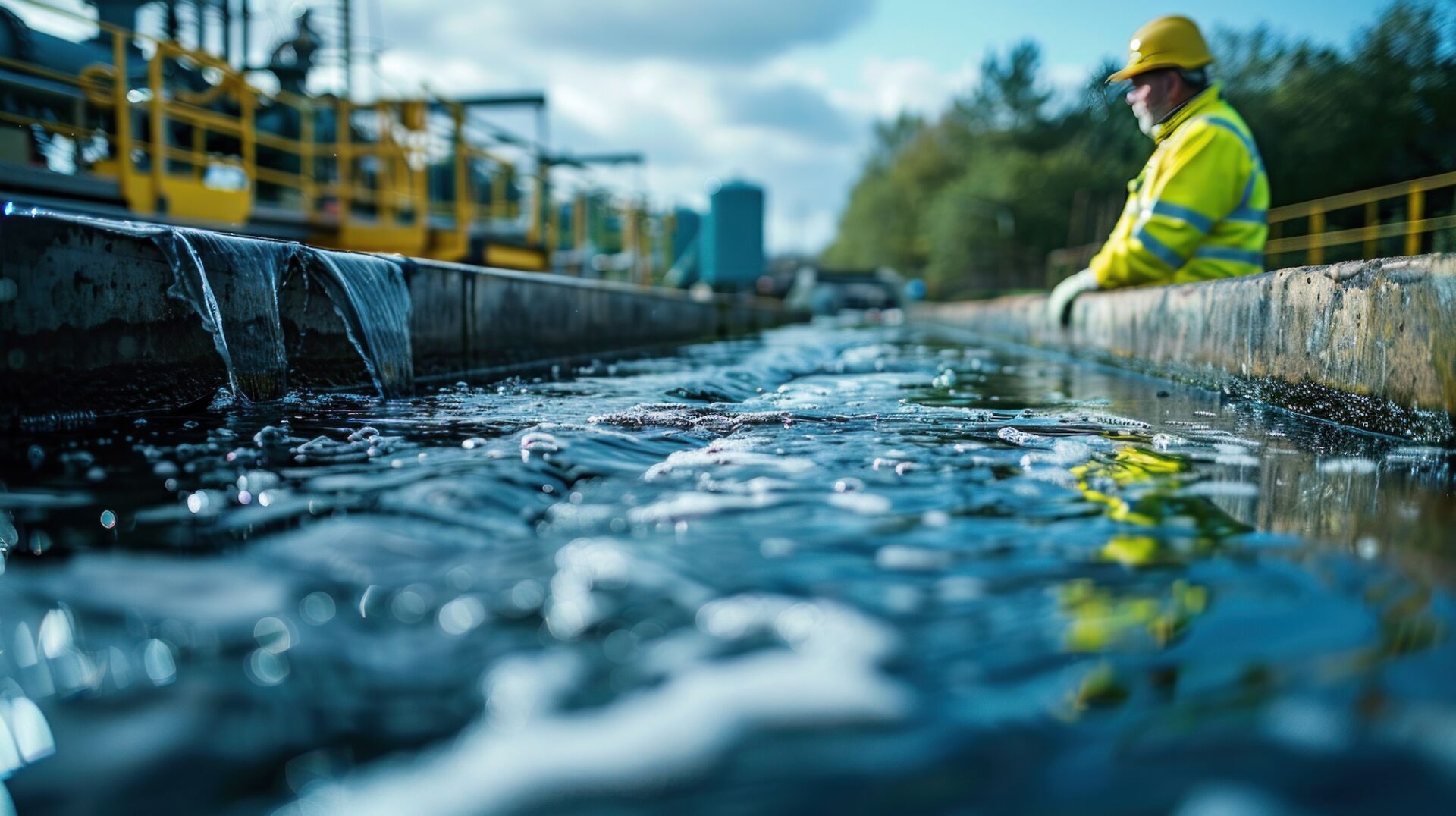 A service engineer is seen inspecting a waste water treatment plant, with pumps in the background, while a worker is busy tending to the plant's operations. Webinar Environmental Biotechnology